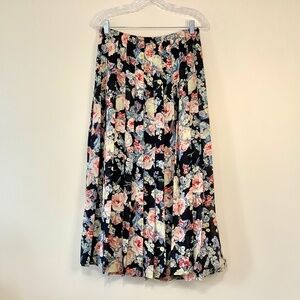 Vintage Flower Floral Print Pleated Long Skirt Red Yellow on Black Chiffon